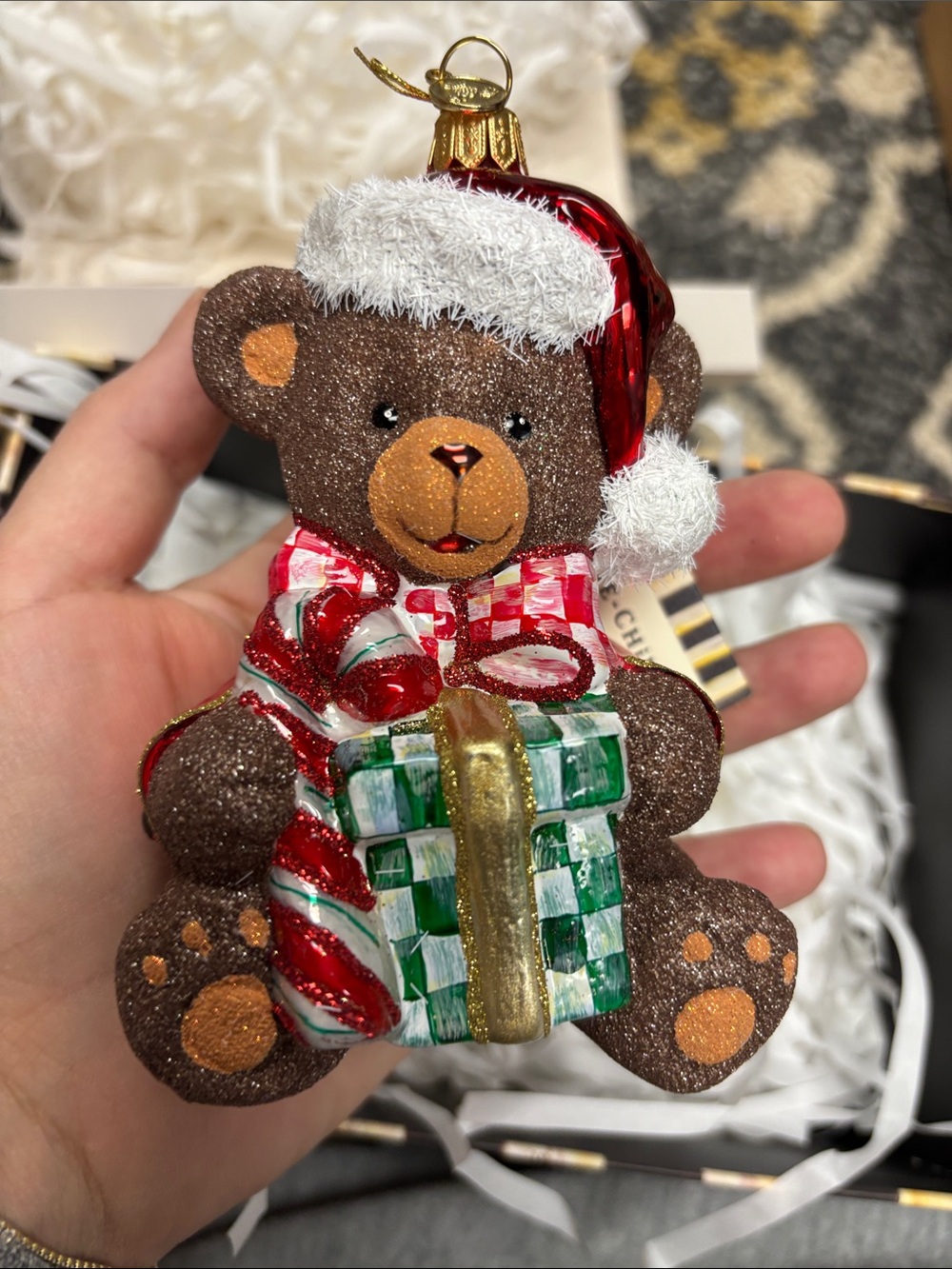 MacKenzie-Childs Red and Brown Glitter Teddy Bear Ornament